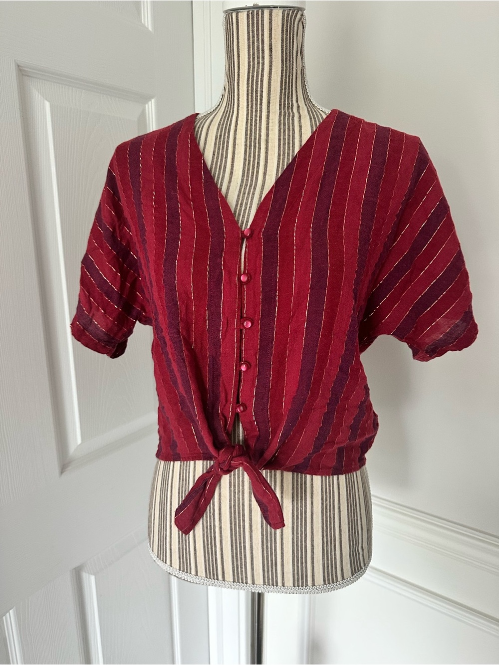 RAILS Thea Rouge Stripe Metallic Tie-Front Top XS